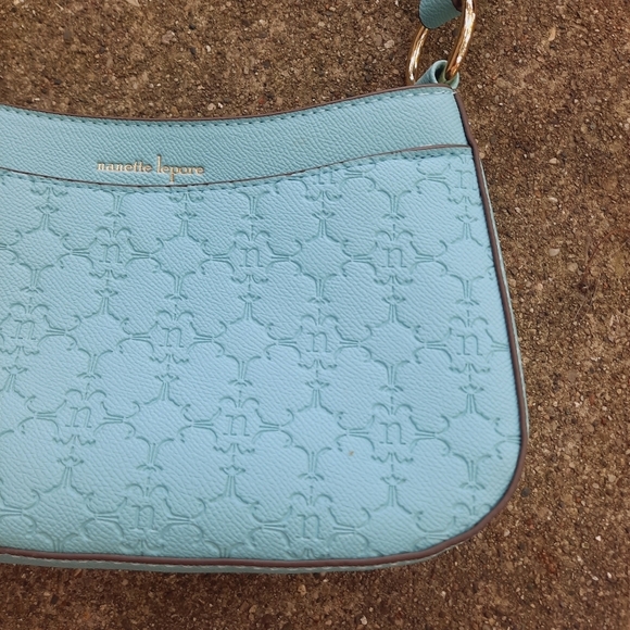 NWOT Nanette Lepore Barri Baguette Baby Blue Embossed Logo Faux Leather Mini Bag - Picture 7 of 14